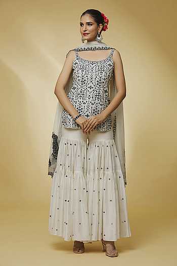 Mirror & Zircon Embellished Ombre Kurta Gharara Set with Embroidery