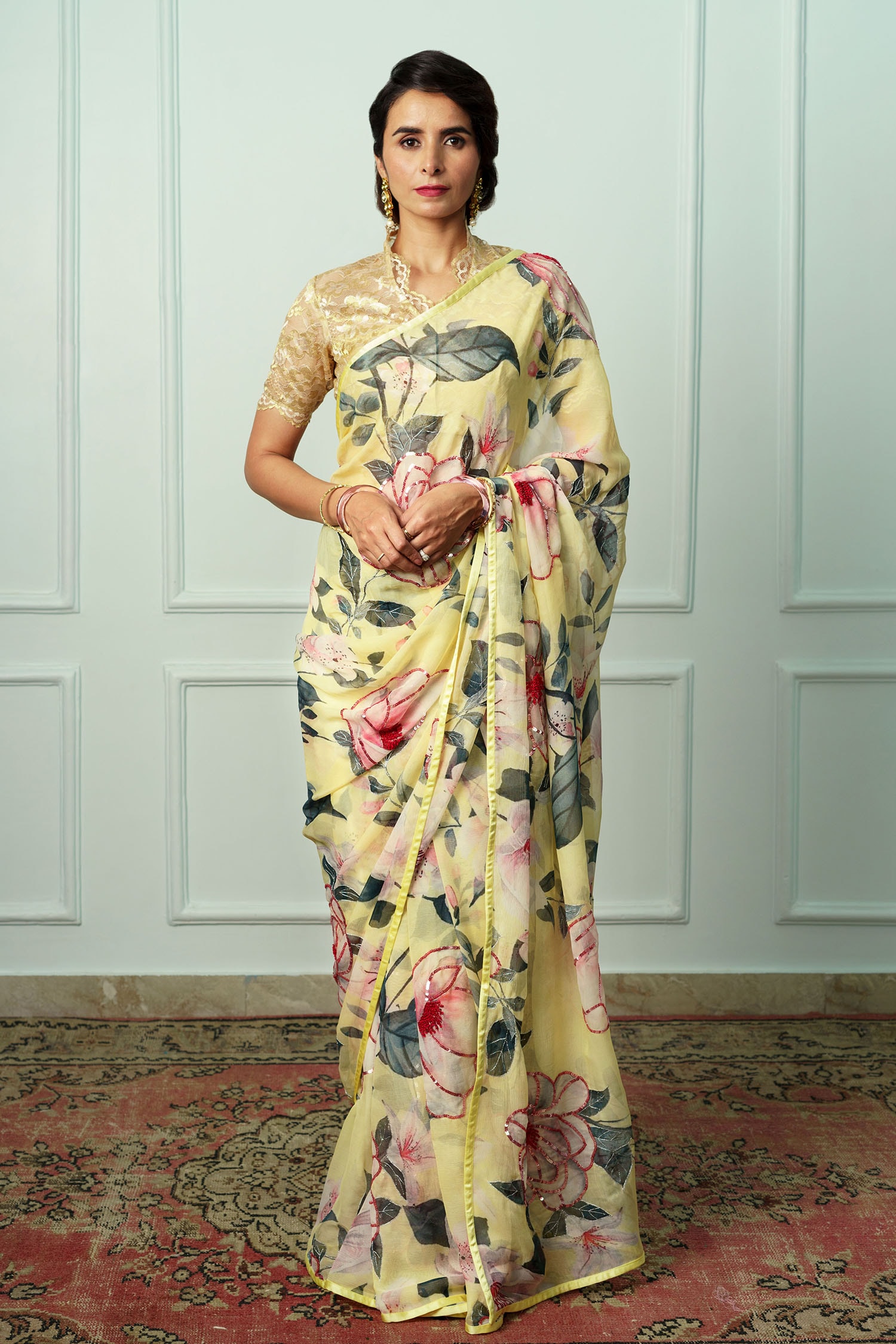 Buy Atelier Shikaarbagh Yellow Uttara Floral Pattern Saree With