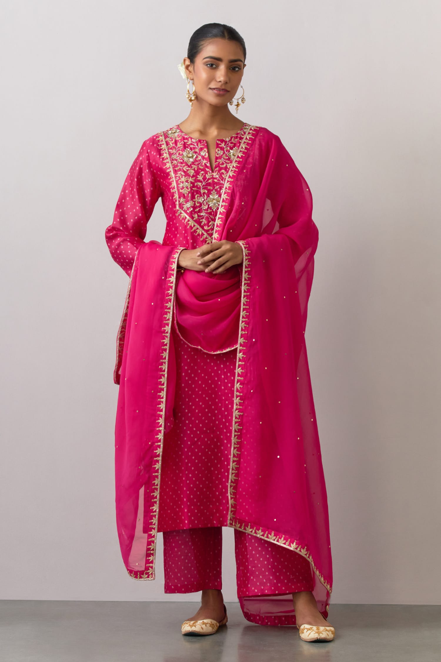 Buy Pink Chanderi Silk Printed Bandhani Round Kurta Pant Set For Women ...