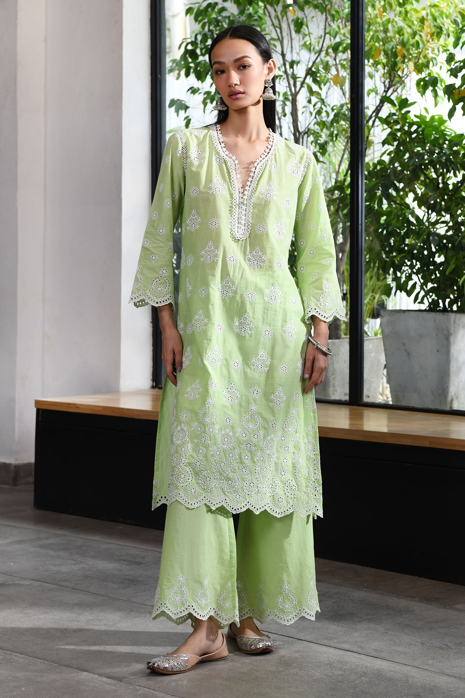 Buy Green 100 Pure Mulmul Embroidered And Ripon Kurta And Pant Set For