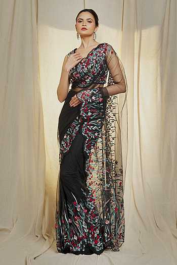 Vistavelle Collection Golden Bronze Simmer Silk Saree with Intricate Aari Work & Stitched Blouse