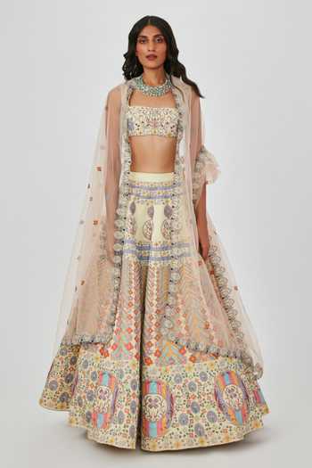 Buy Aisha Rao Beige Satin Soraya Floral Embellished 12 Kali Lehenga Set ...
