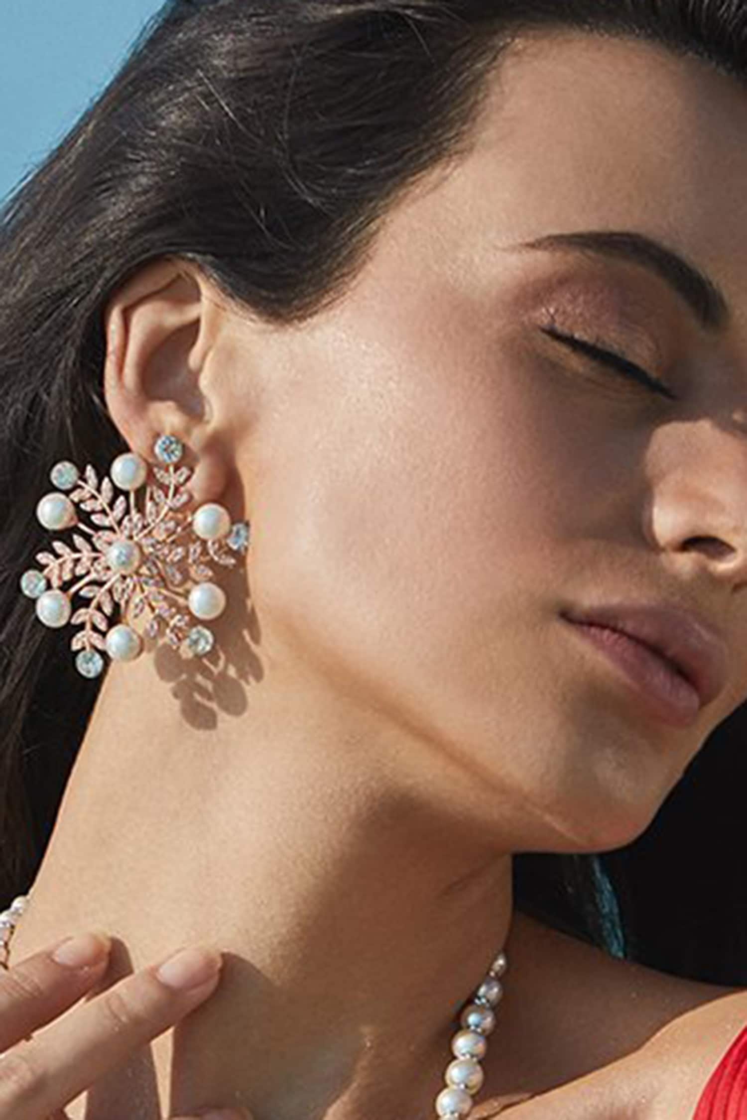 Prerto Elsa Floral Crystal Statement Studs Earrings