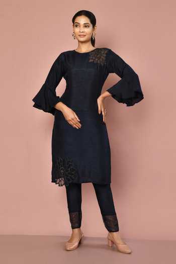 Midnight Blue Embroidered Dola Silk Cape Set