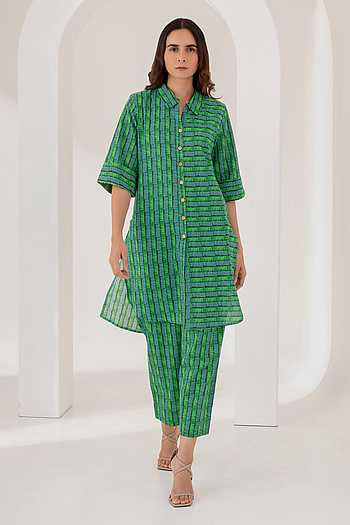 Green & White Striped Co-Ord Set for Women | Cotton Shirt Kurta with Pants