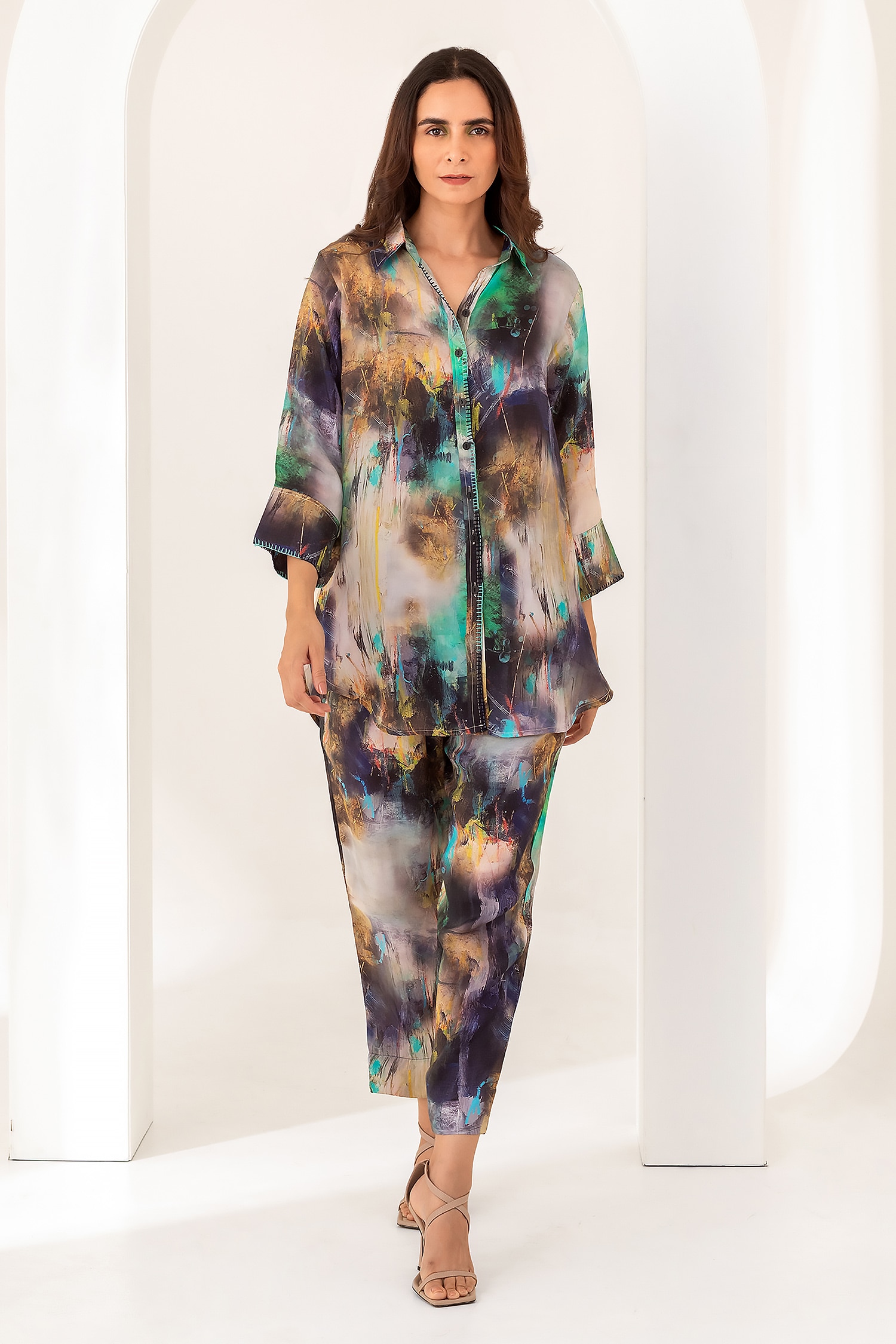 Kameez Multi Color Summer Silk Printed And Mixed Hues Shirt & Pant Set For Women