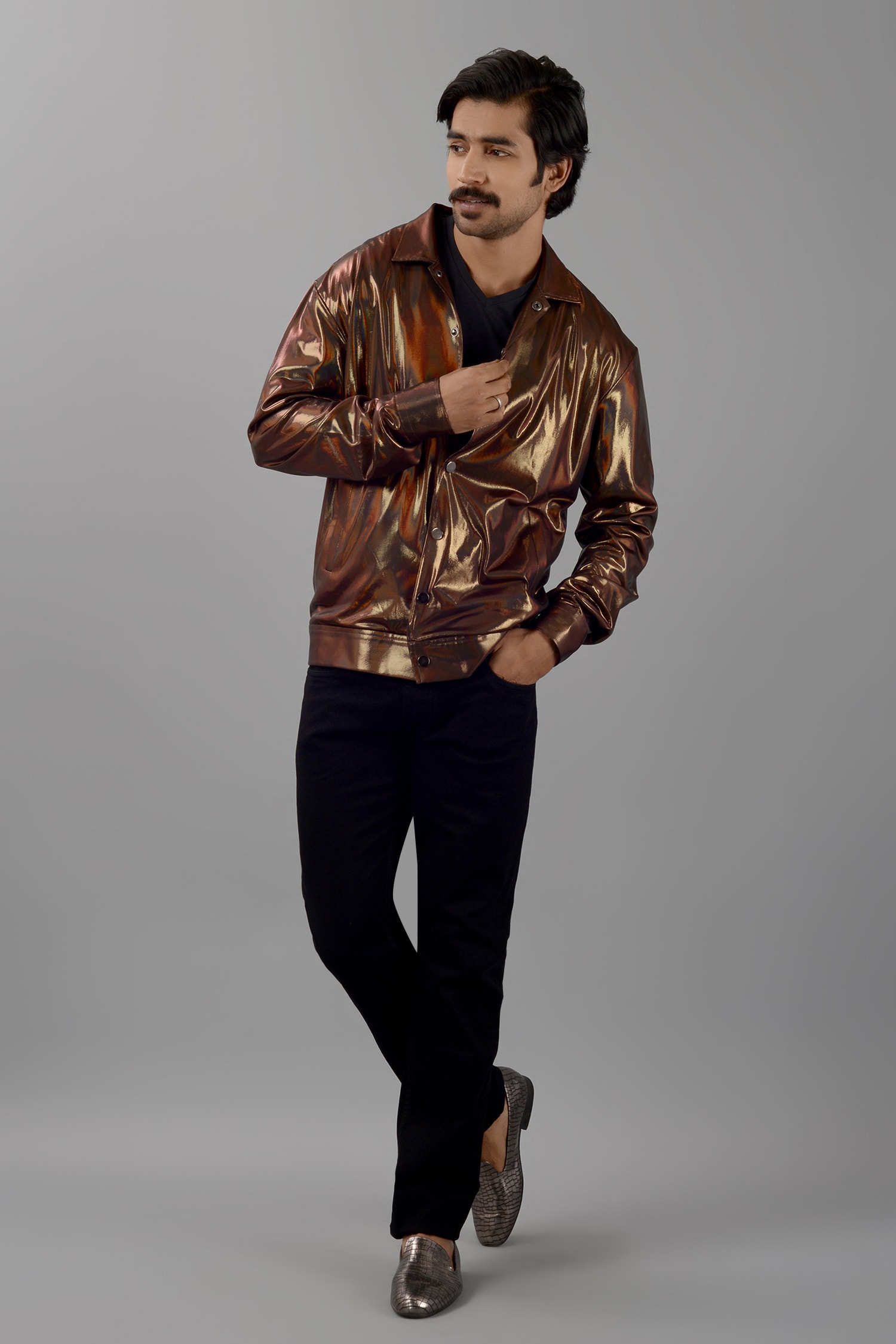 Buy Gold Hologram Metallic Fabric Plain Glow Bomber Jacket For Men by  Siddhesh Chauhan Online at Aza Fashions.