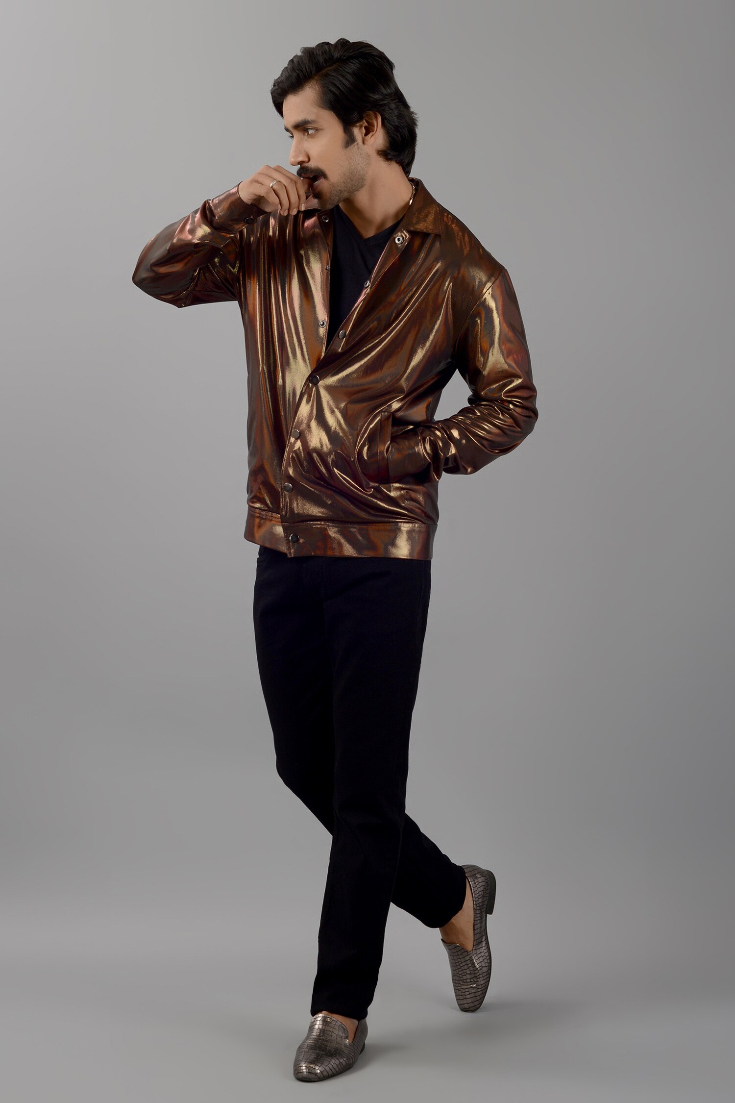 Buy Gold Hologram Metallic Fabric Plain Glow Bomber Jacket For Men by  Siddhesh Chauhan Online at Aza Fashions.