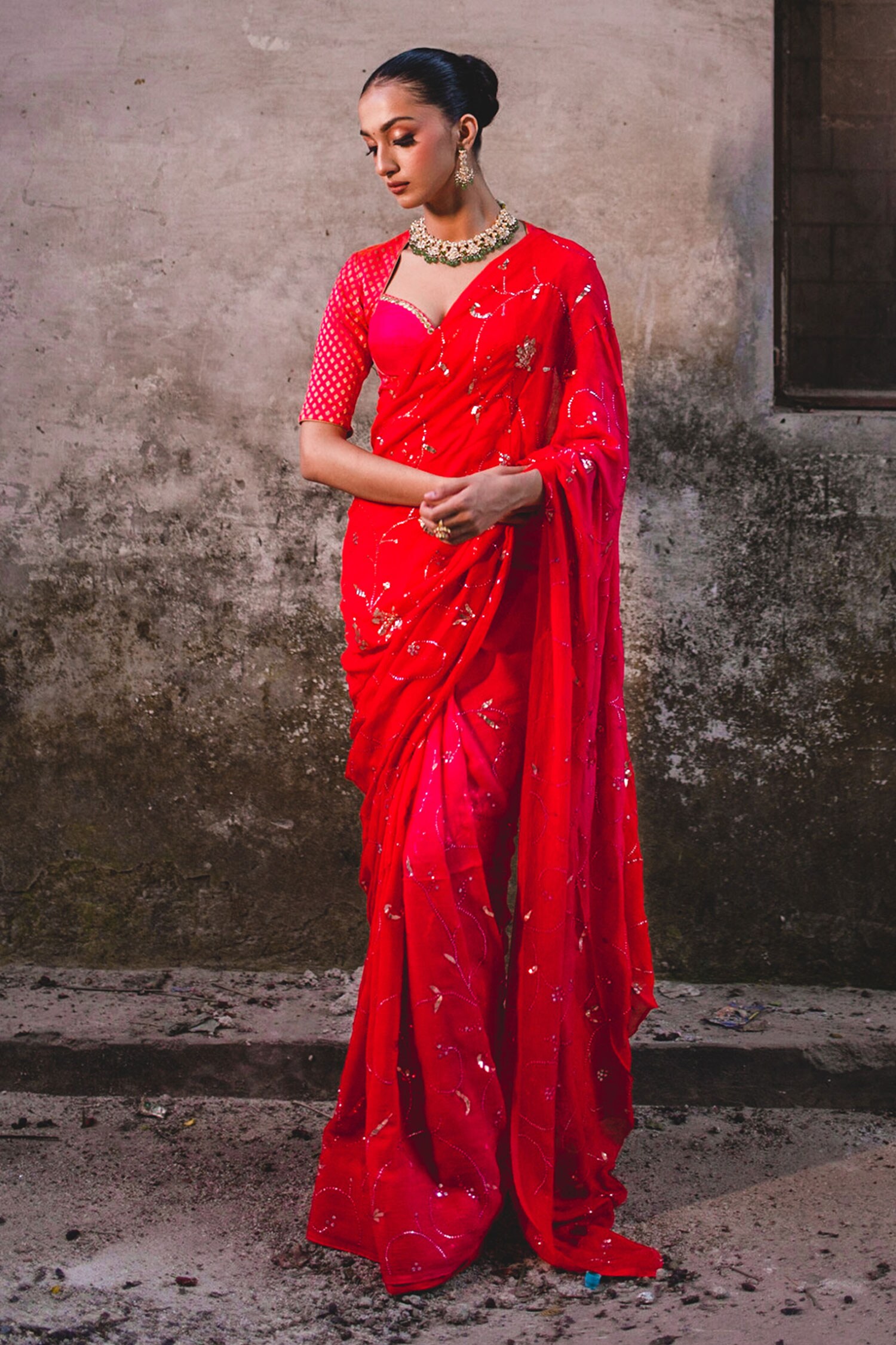 Buy Red Chiffon Embroidered Floral Bead Saree For Women by