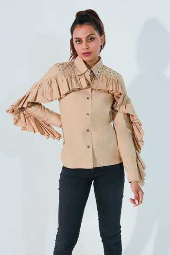 Buy Brown Blended Plain Spread Collar Layered Ruffle Shirt For Women by ...