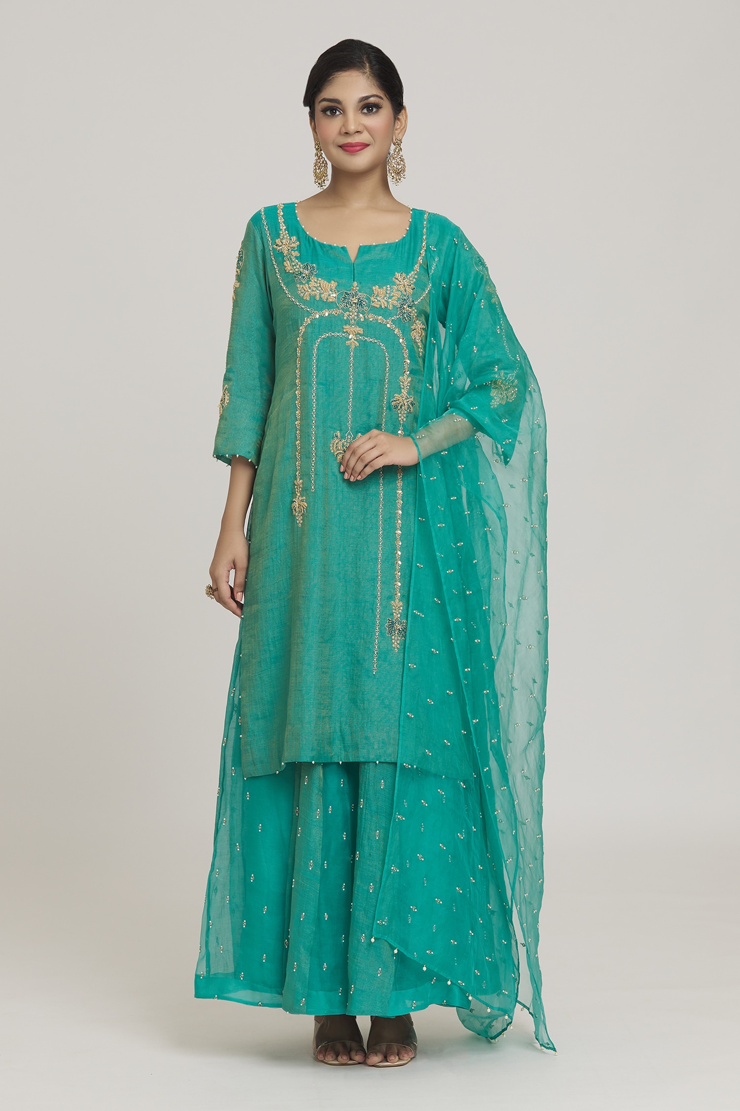 Sozenkari Sky Blue Pure Silk Chanderi Embroidered Sequin Kurta Lehenga Set For Women