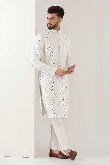 Light Yellow Silk Kurta Set For Men With Mirror And Resham Embroidery main image 0