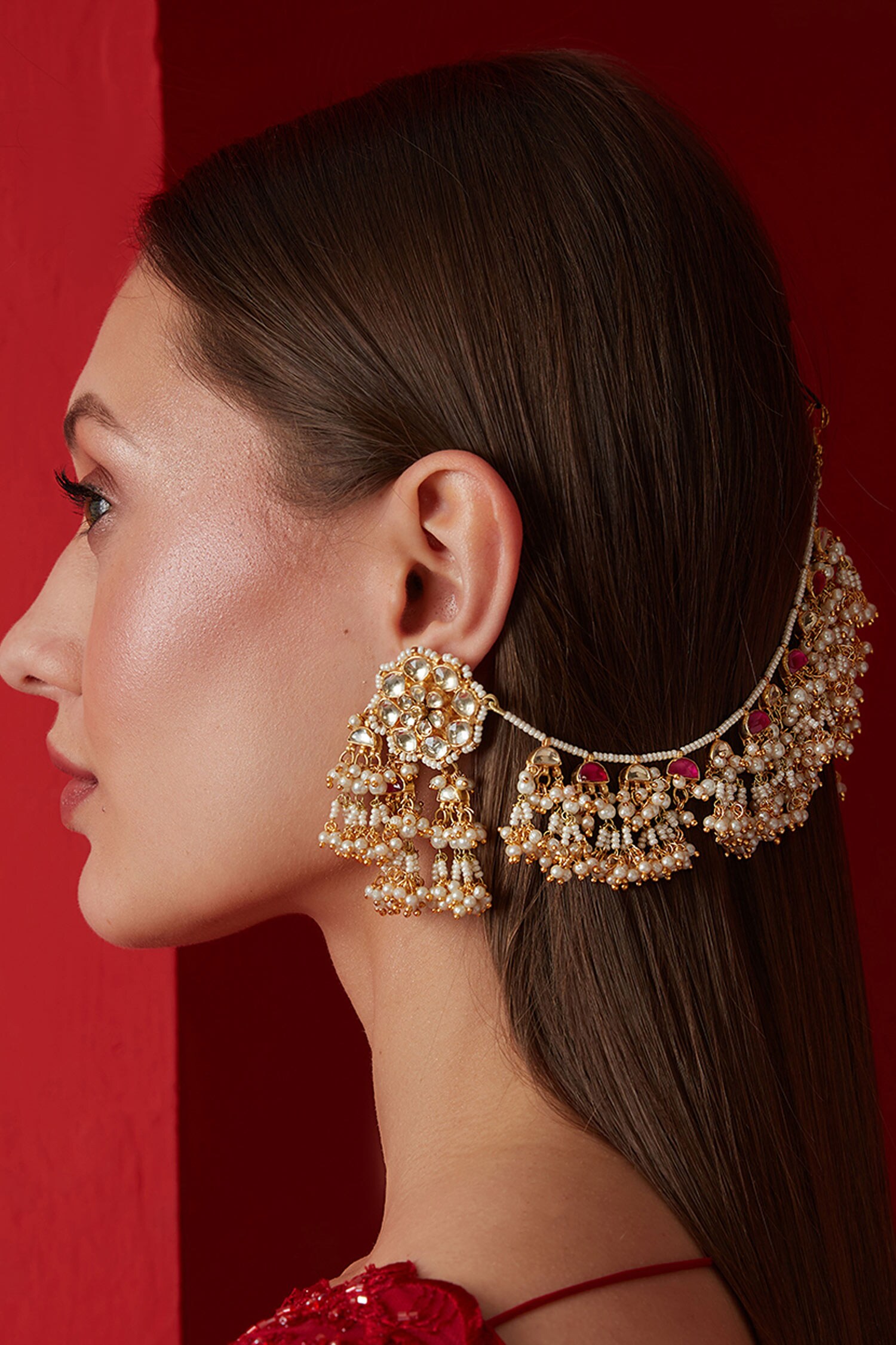 Paisley Pop Kundan Danglers And Drops With Hairchain