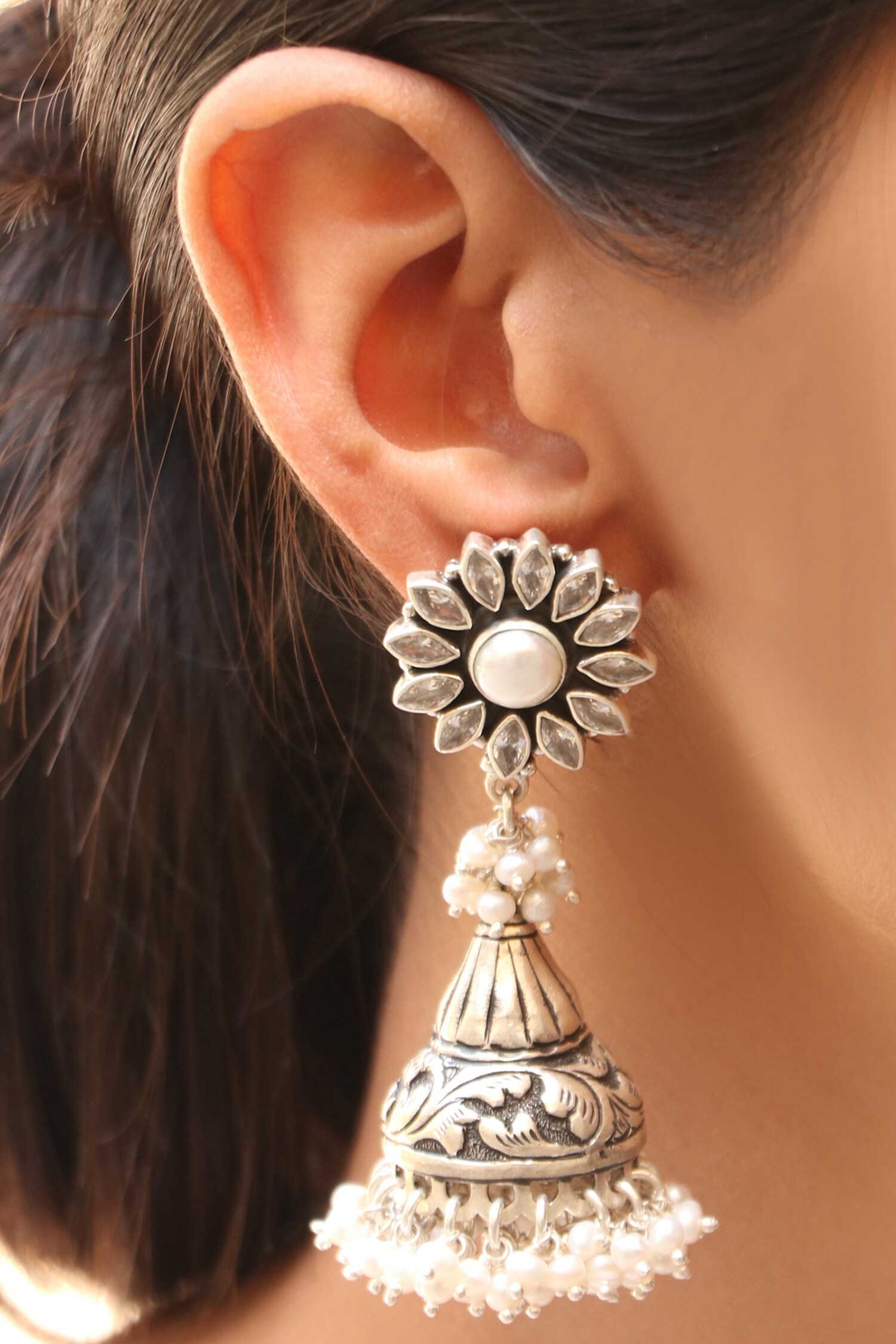 Gauri - Small Silver Jhumka with pearl drops – Kevasilver