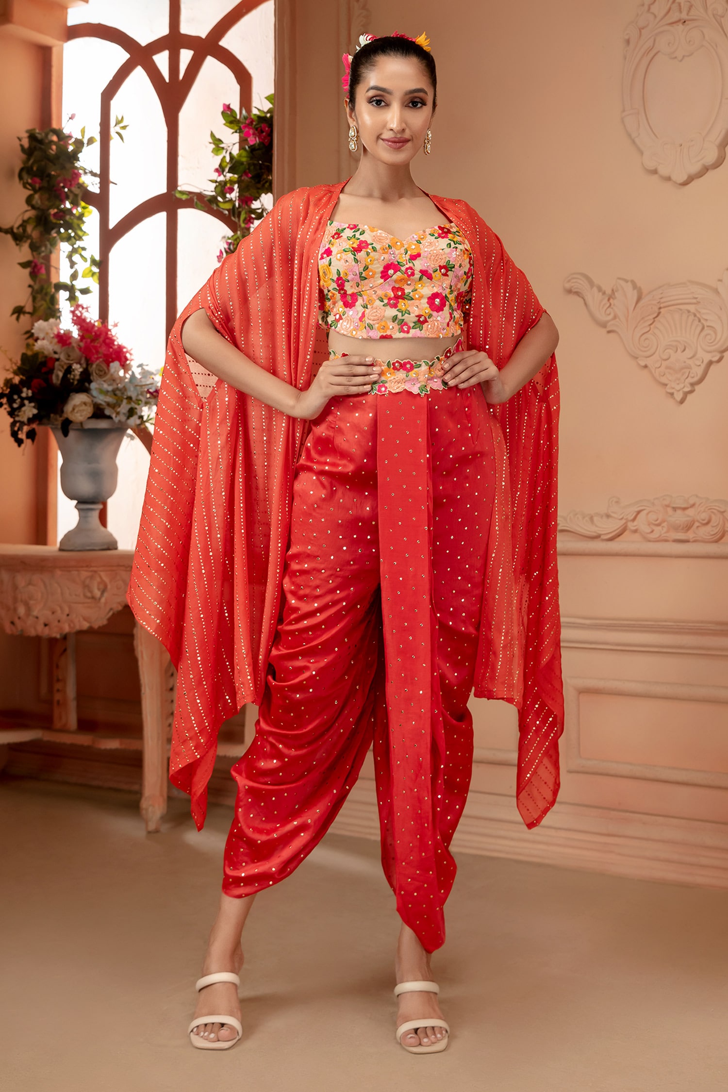Neeta Lulla Orange Georgette And Chanderi Silk Alla Dhoti Pant Set With Cape For Women