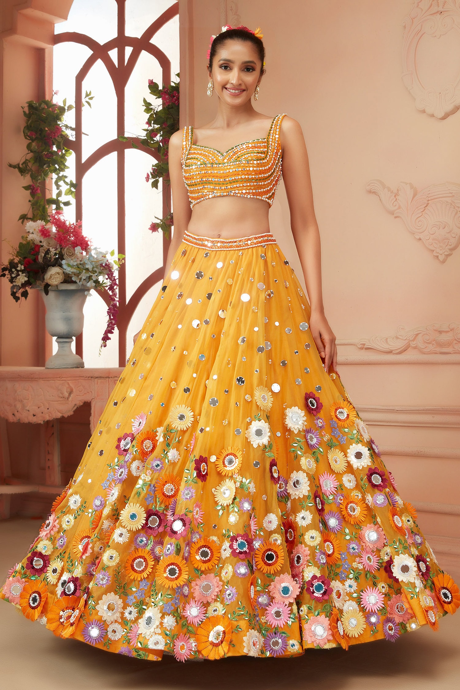 Buy Yellow Tulle And Organza Embroidered Floral Slender