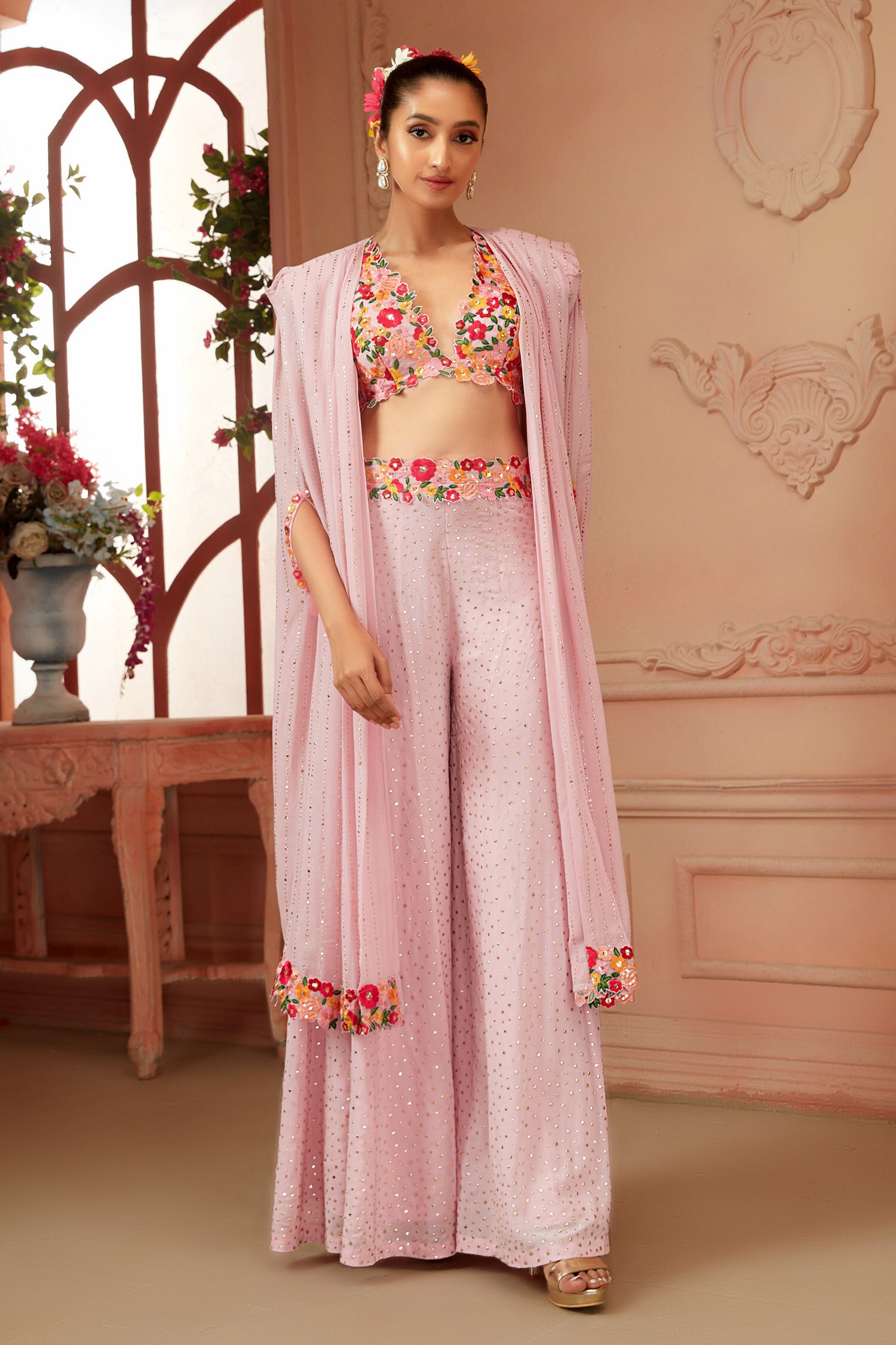 Neeta Lulla Pink Georgette Embroidered Resham V Lillith Flared Pant And Cape Set For Women