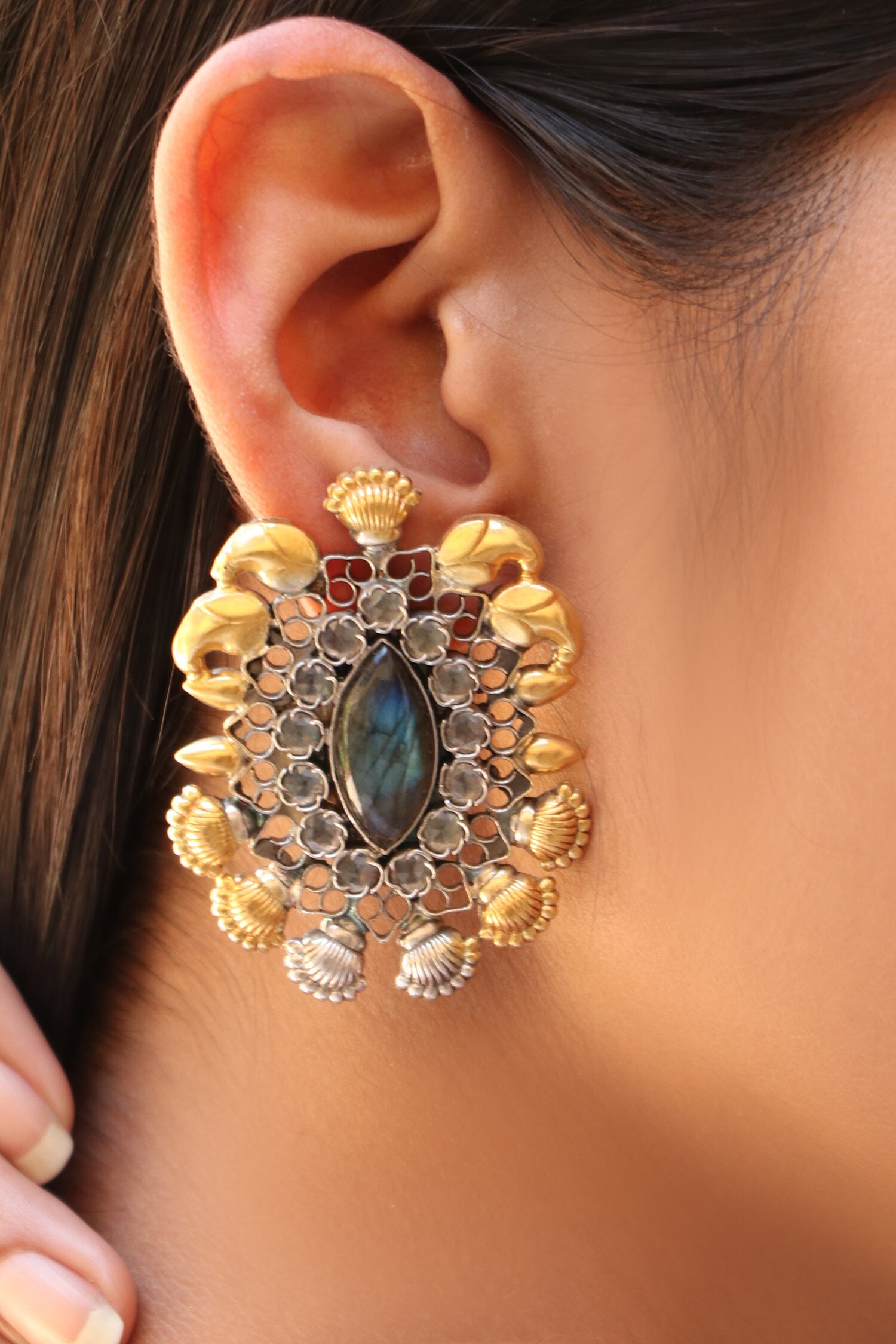 Designer Rose Gold Polish Blue Stones American Diamond Big Stud Earrings  NS02260101