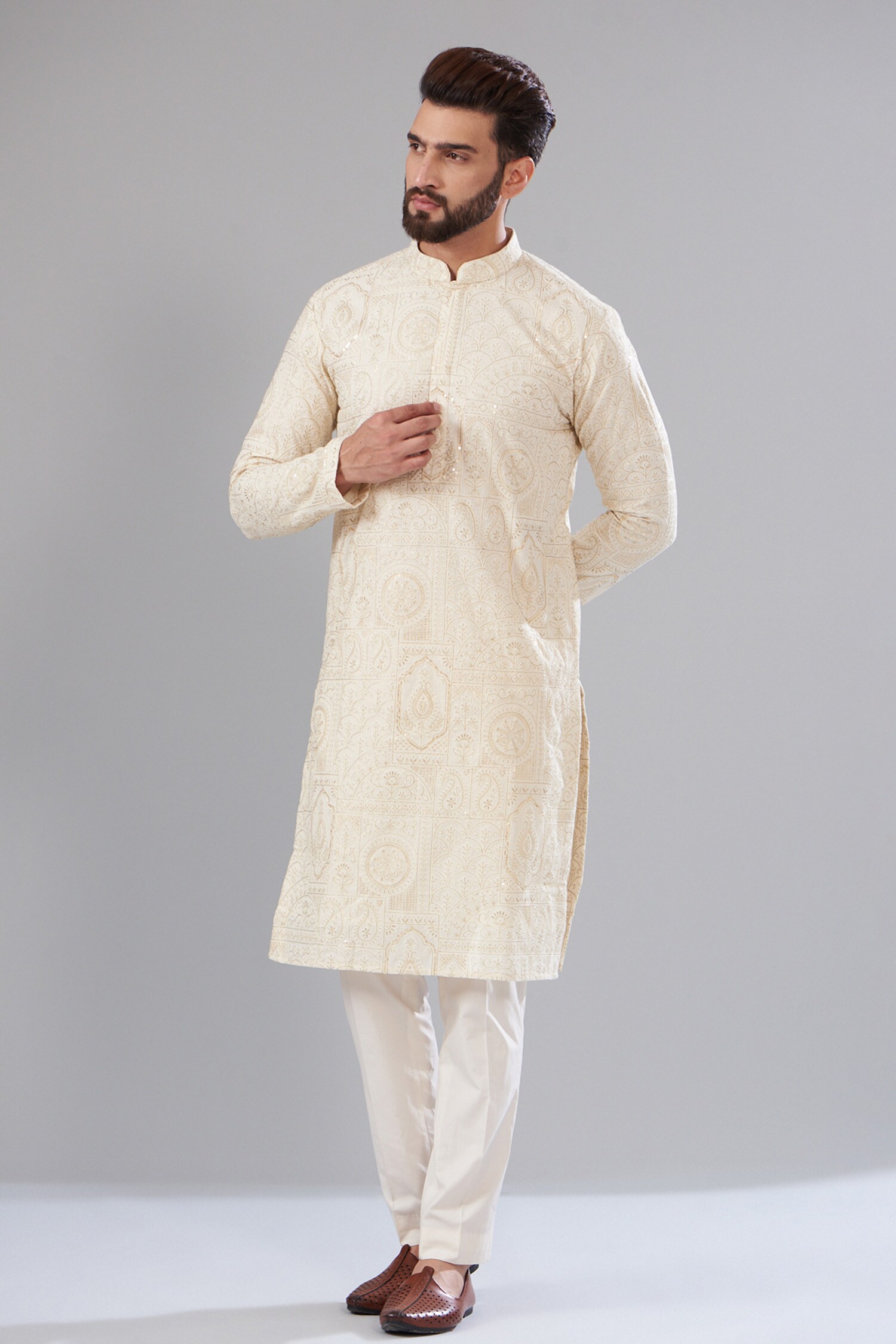 Buy Ivory Poly Cotton Embroidered Kalamkari Thread Work Kurta For Men ...