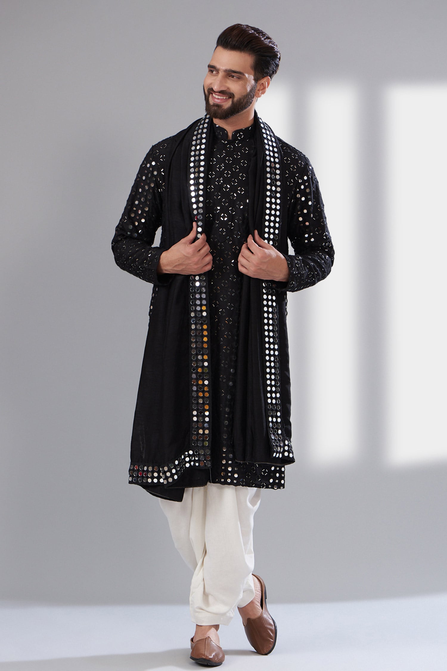 Buy Black Silk Embroidered Mirror Kurta With Stole For Men By Kasbah ...