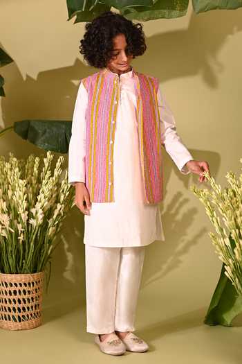 Buy Mini Trails White Cotton Kurta Set With Embroidered Nehru Jacket ...