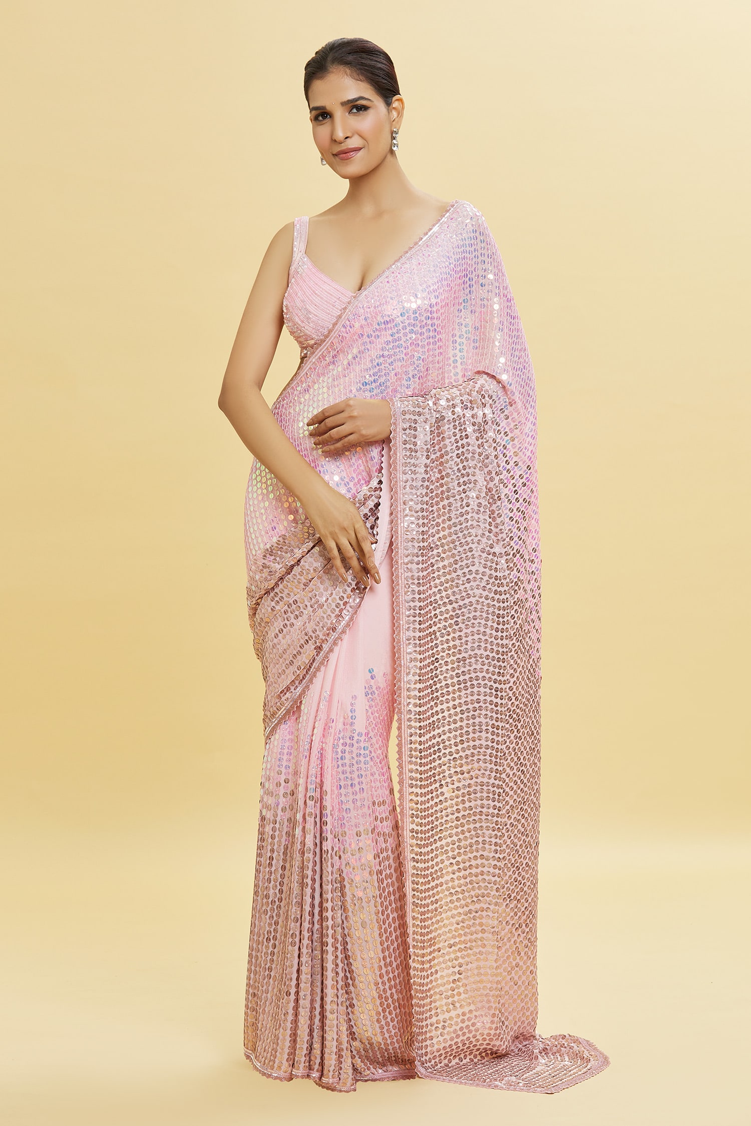 Buy Off-White Unstitched Sequins Saree And Blouse With Cowl Sleeves And  Tassels