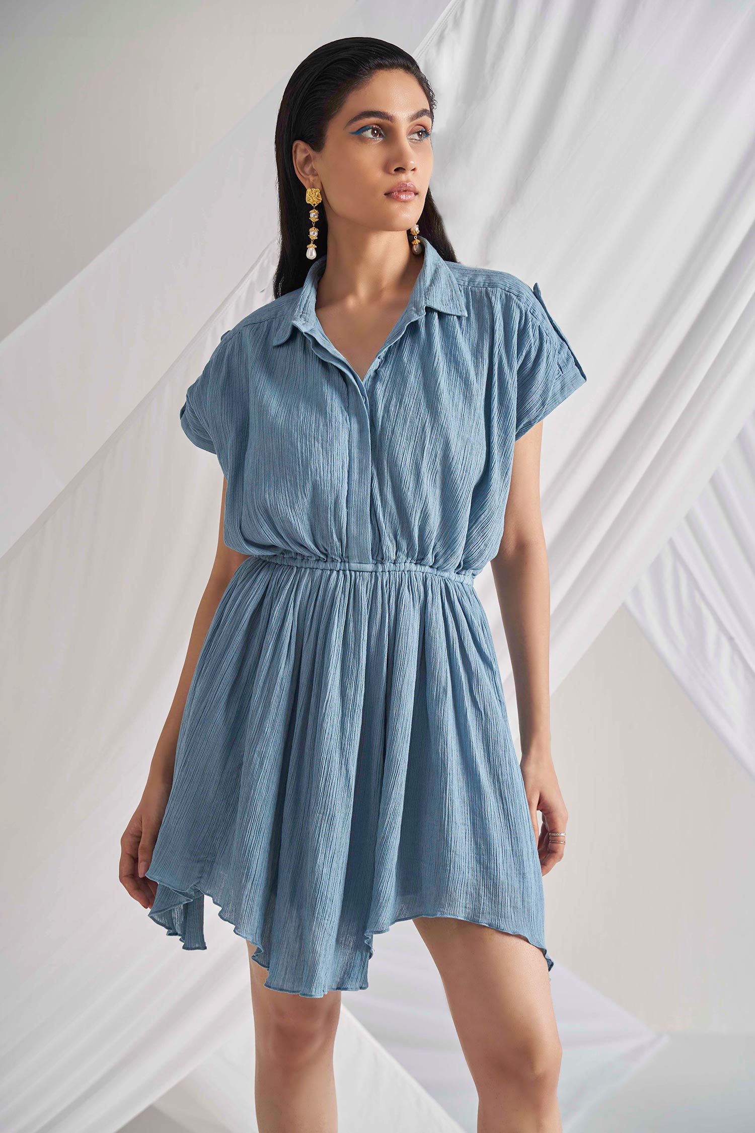 Detales Blue Crush Cotton Solid Shirt Collar Tia Asymmetric Hem Dress For Women