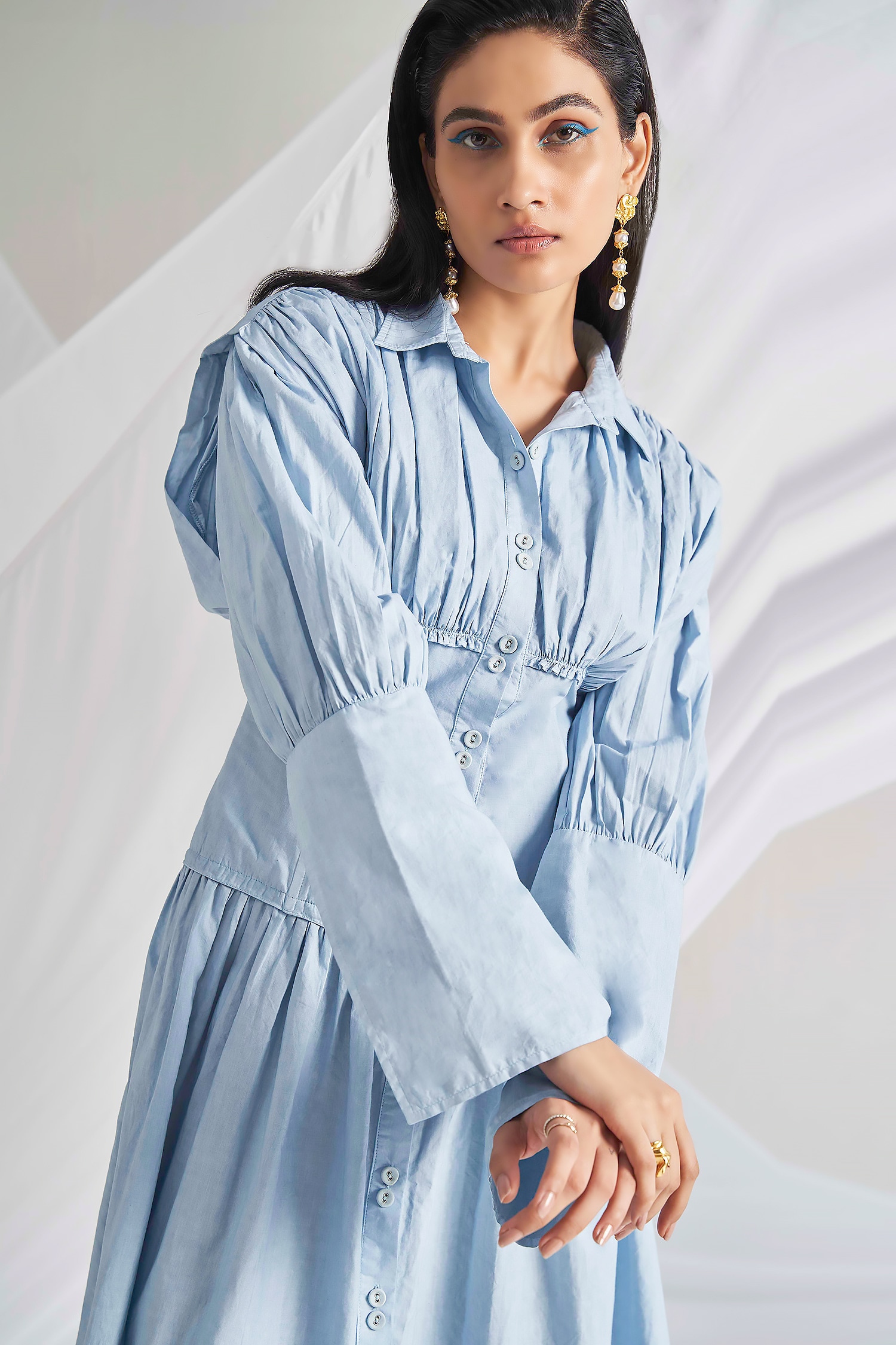 Buy Blue Camric Cotton Solid Shirt Fitted Pleated Bodice Dress For Women by  Detales Online at Aza Fashions.