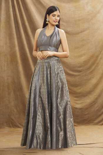 Buy Blue Woven Geometric Halter Neck Pattern Top With Skirt For Women by  Resa by Ushnakmals Online at Aza Fashions.