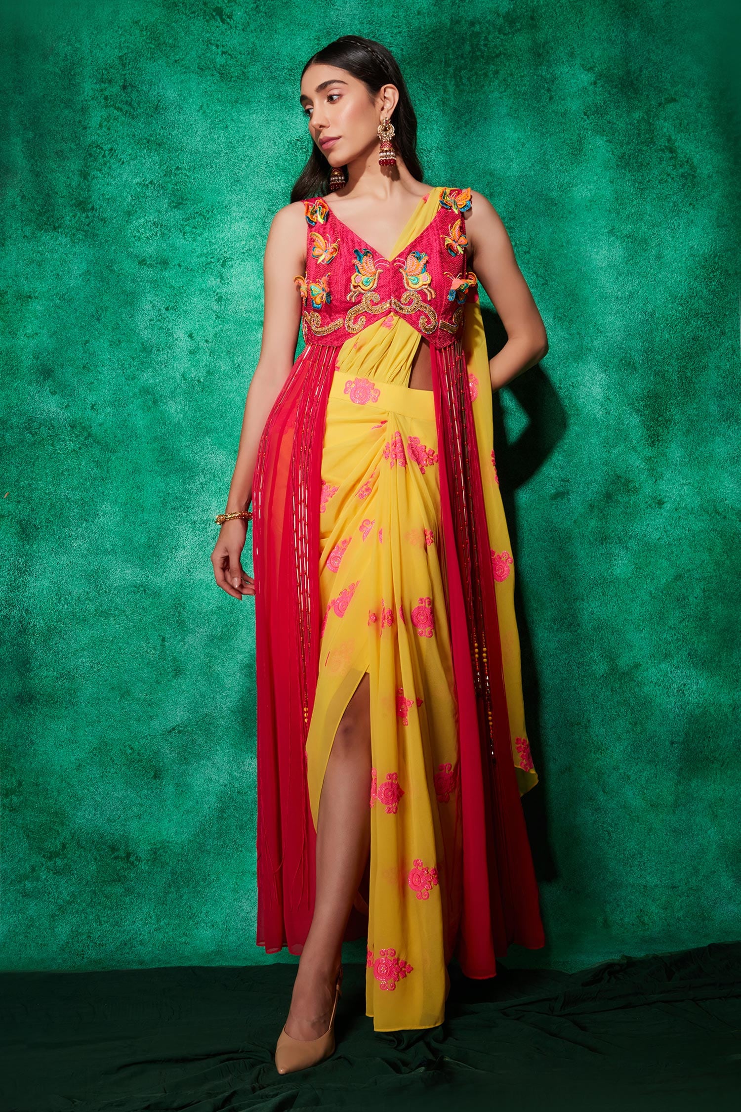 Buy Pink Embroidery 3d Butterfly Flora Embellished Saree Gown