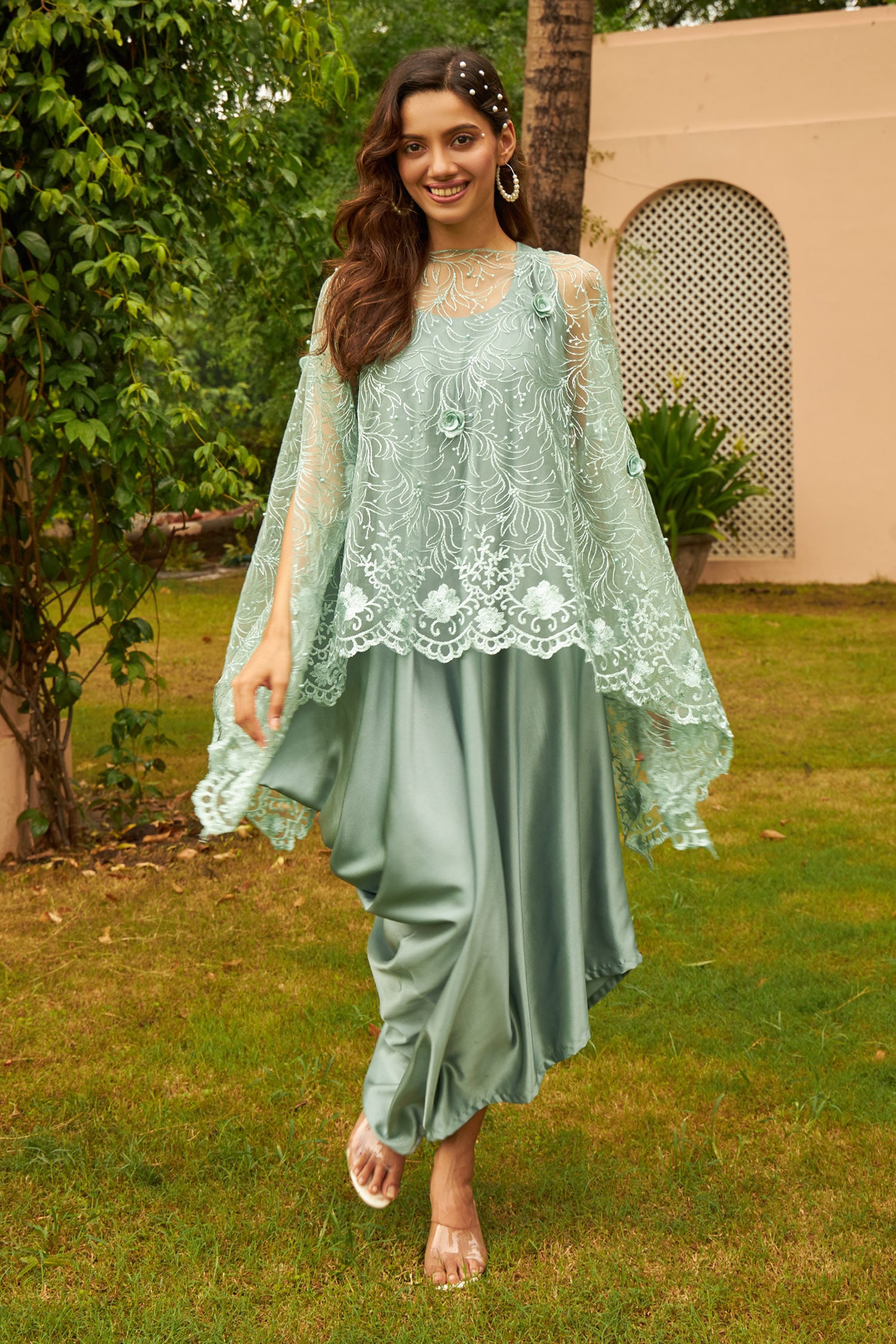 Tasuvure - Women Green Satin Silk Embroidered Floral Applique Embellished With Dress For Women| Aza Fashions| Cocktail,Reception,Party