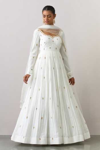 Elegant Off-White Cotton Anarkali Set with Thread Embroidery and Dupatta main image 0
