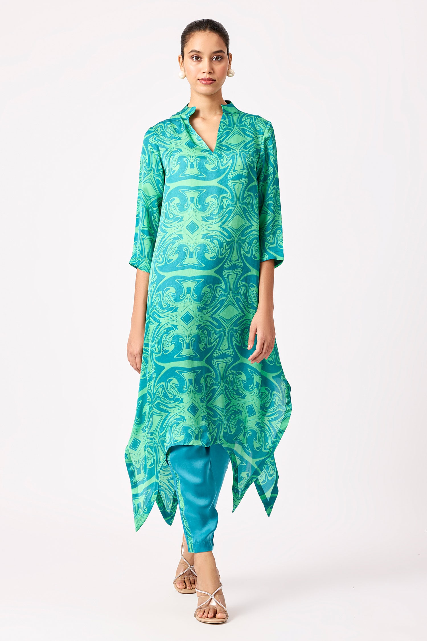 Buy Scarlet Sage Green Bemberg Satin Vivian Art Deco Print Tunic And ...