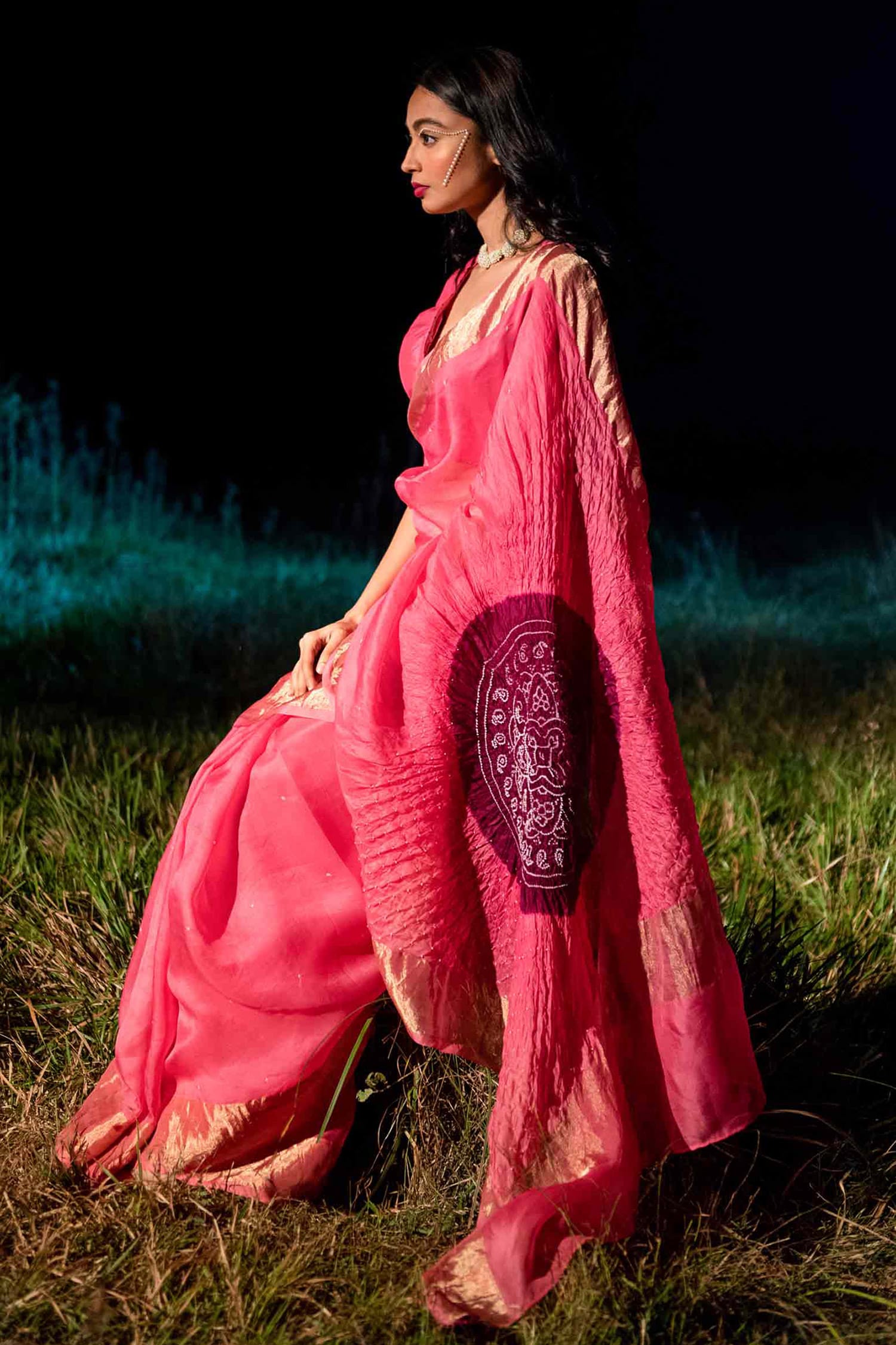Bandhani and Chikankari Saree - Yellow Pink – Naina Jain