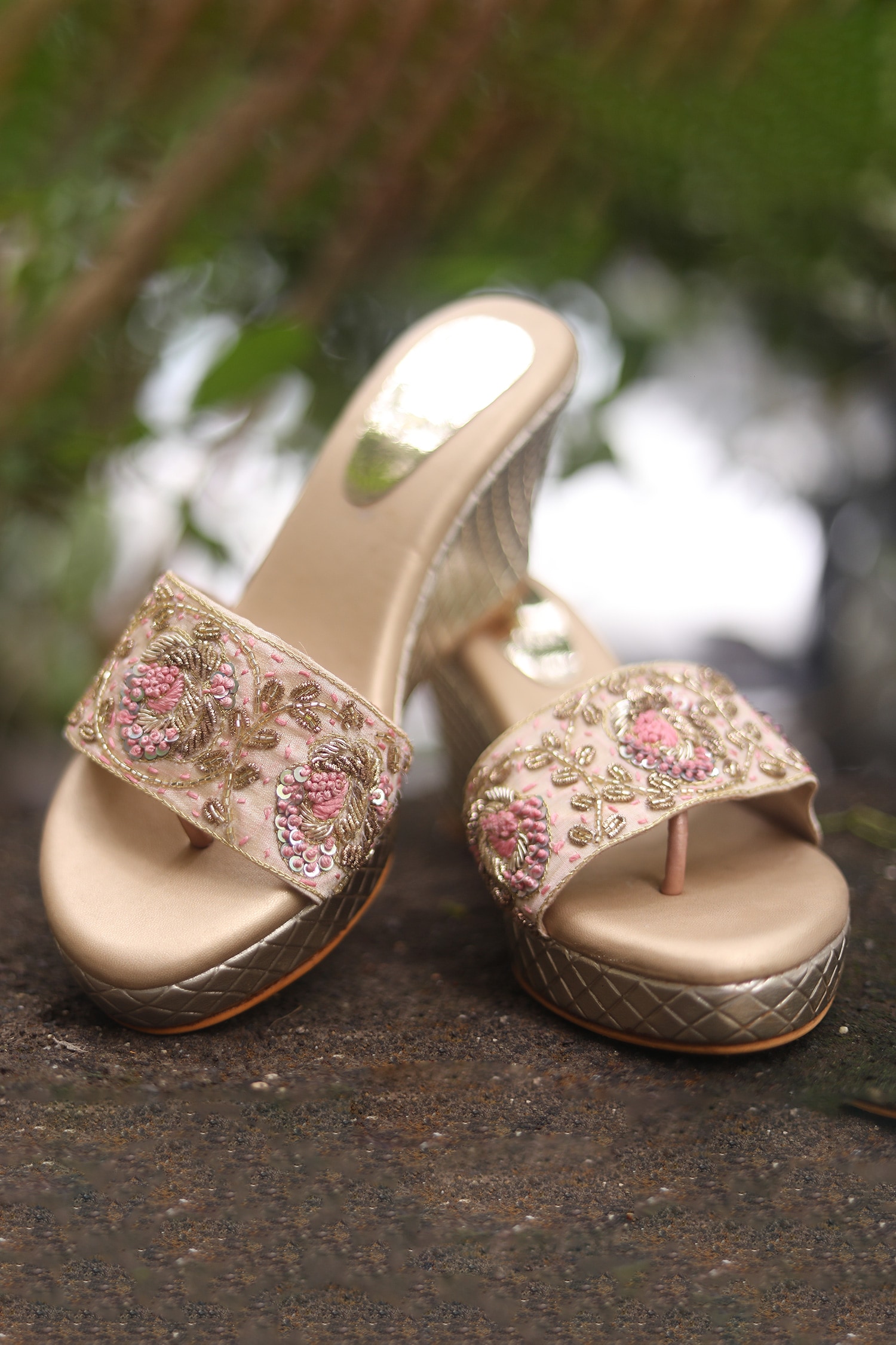 Buy Gold Embroidered Floral Wedges by Essem Online at Aza Fashions.