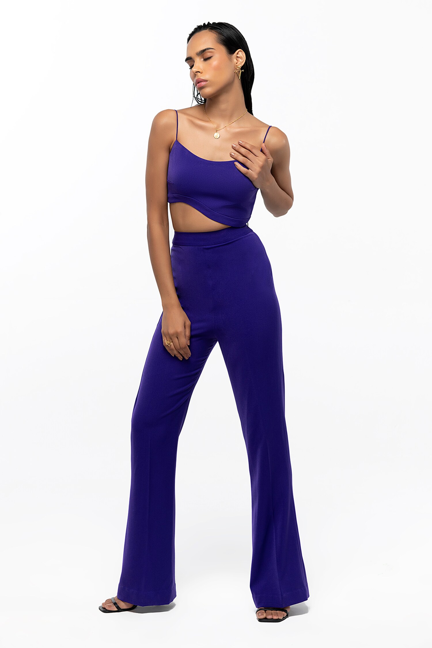 Intrinsic India Purple Crepe Blend Cayla Solid Crop Top And Pant Set