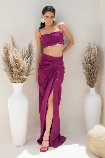 Magenta Hand Embroidered Crop Top With Skirt And Cape