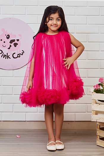 Buy PinkCow Pink Layered Pom Pom Lined Dress For Girls