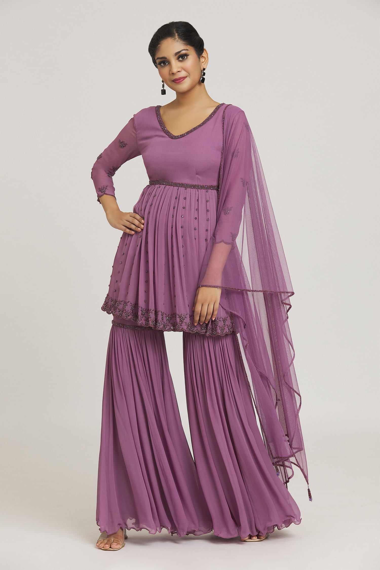 Buy ARPAN VOHRA Purple Embroidered Peplum Kurta Gharara Set Online ...