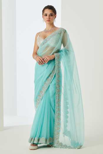 Women's Organza Light Blue Embellished Designer Saree With Blouse Piece main image 1