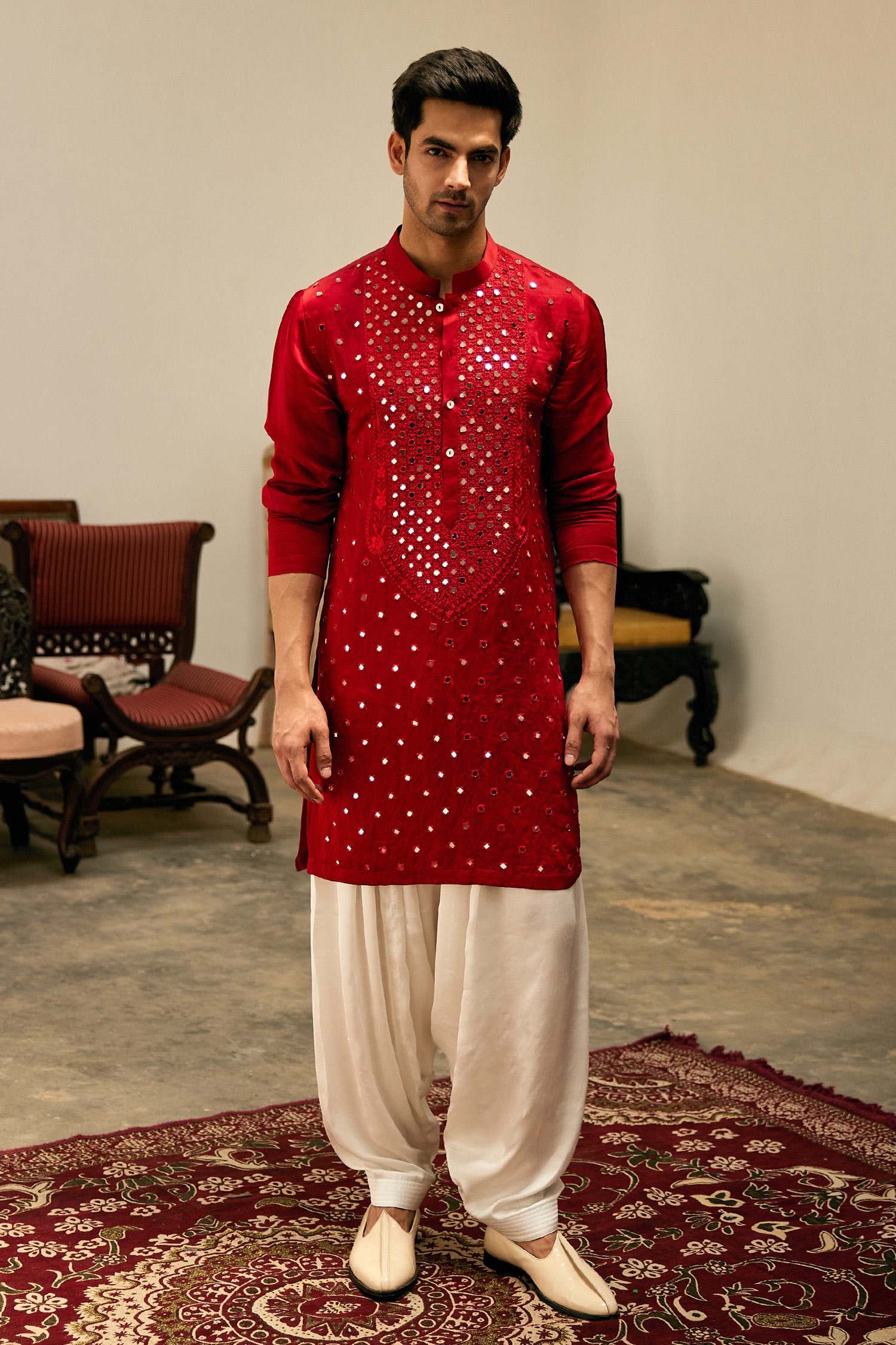 Ankit V Kapoor Red Linen Cotton Silk Embroidery Mirror Zaid Kurta And Salwar Set For Men
