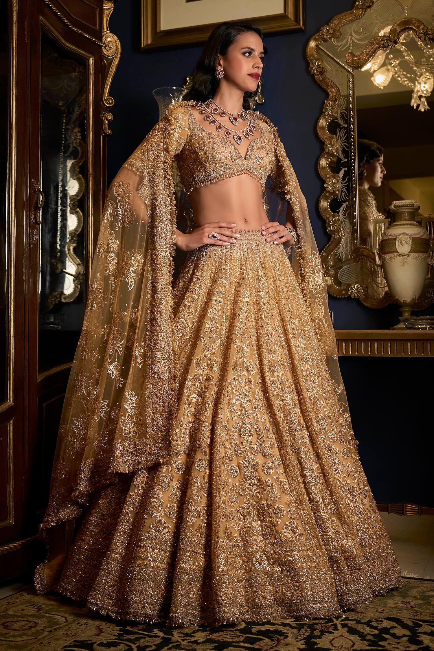 Buy Gold Net Embroidery Thread Leaf Neck Flower Bridal Lehenga Set For ...