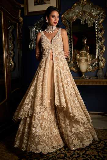 Ivory Net Sharara Set with Stone, Kundan & Sequin Embroidery main image 0