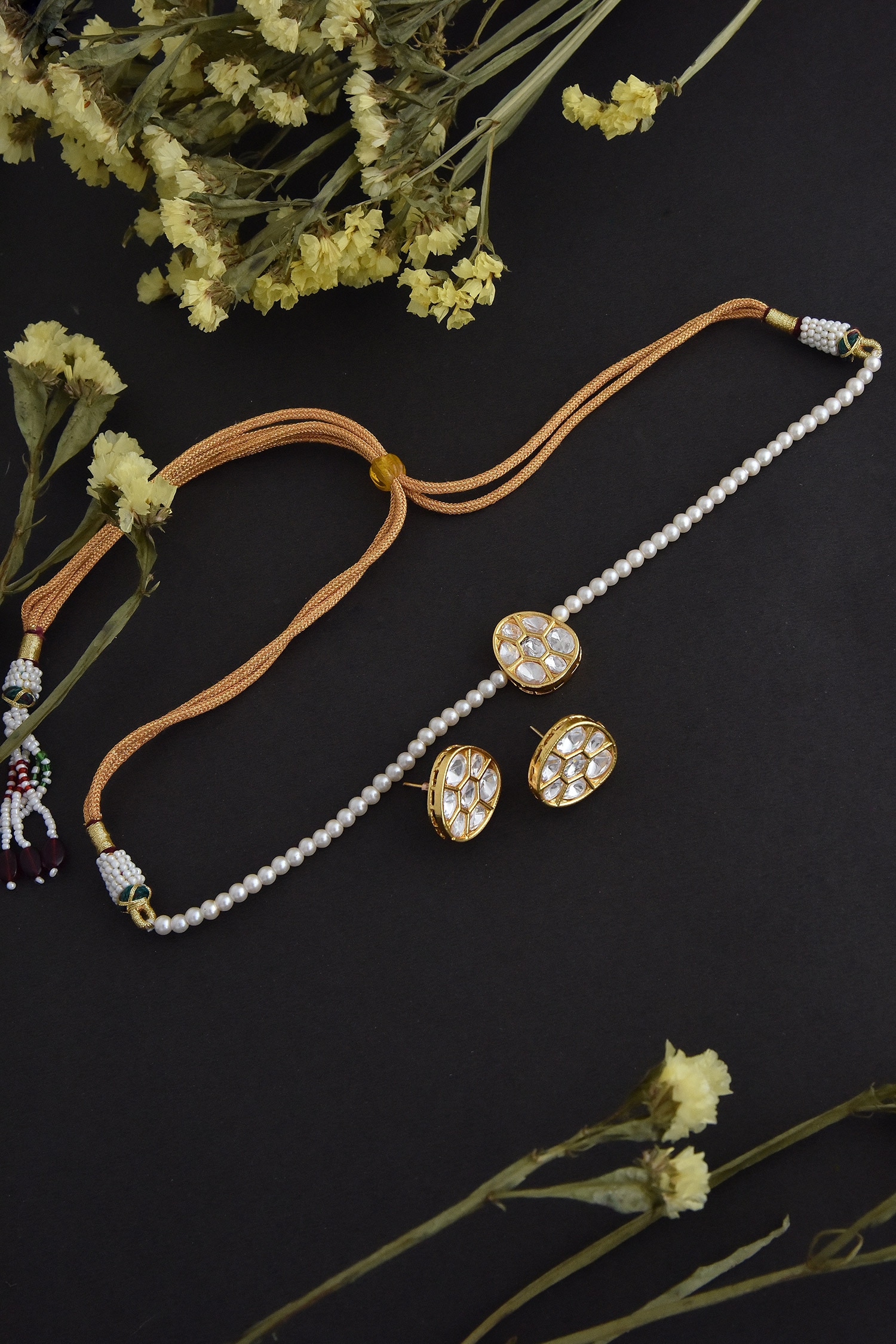 Buy Gold Plated Embellished Polki Studded Pearl Choker Necklace