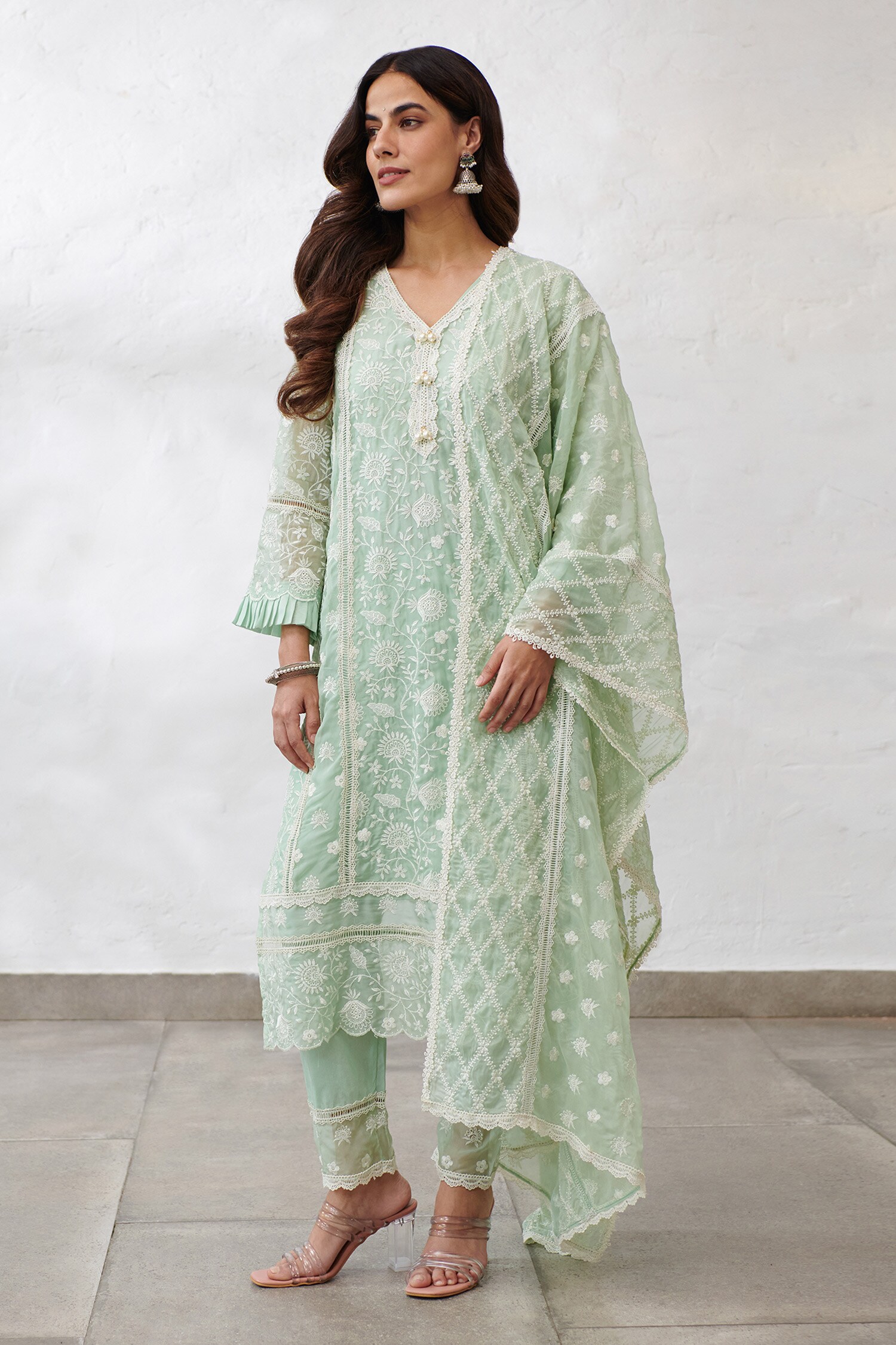 Buy Green 100 Pure Mulmul Embroidered Floral V Dorset Vine Kurta Set