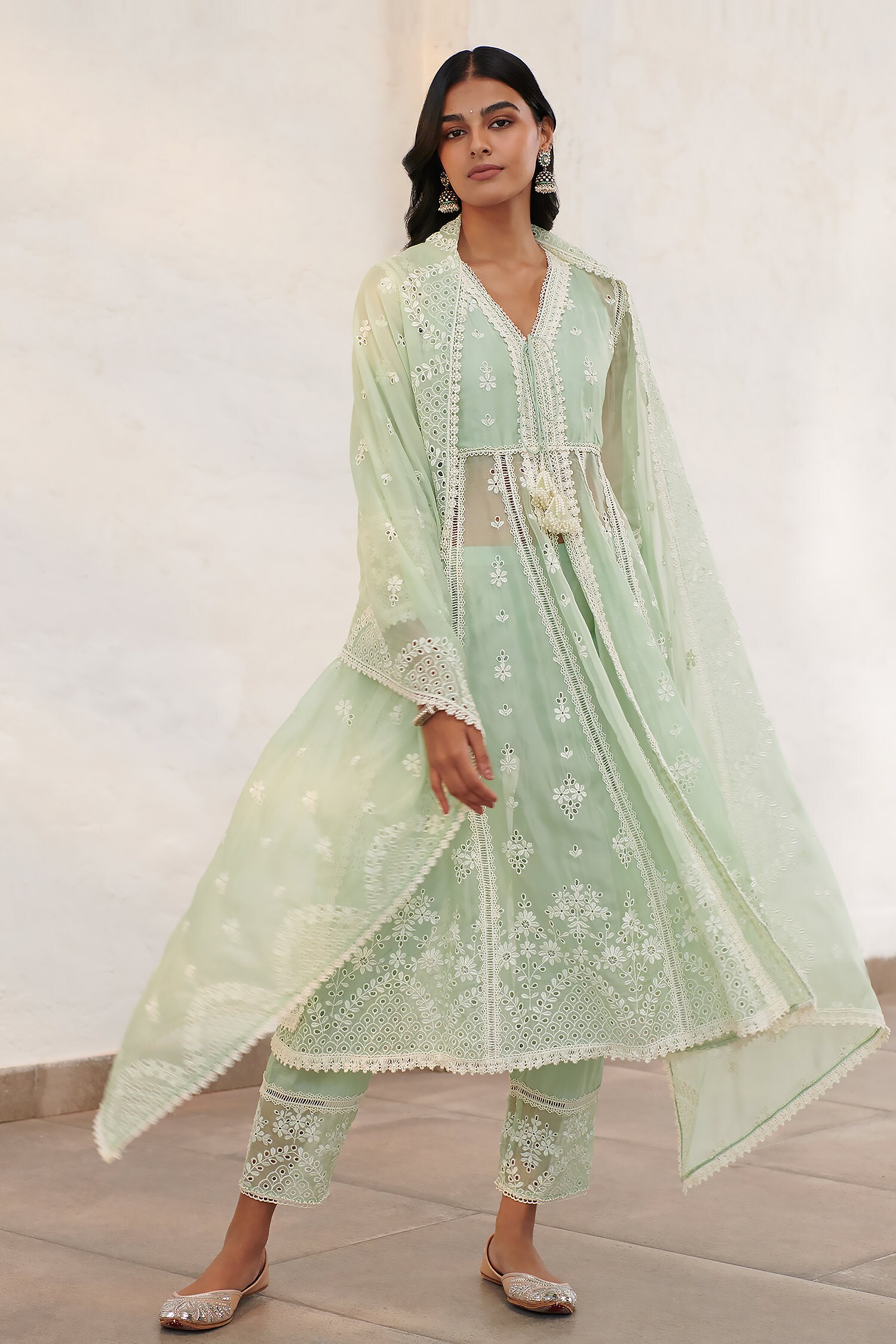 Buy Green 100 Pure Mulmul Embroidered Sheffield Flower Anarkali Pant