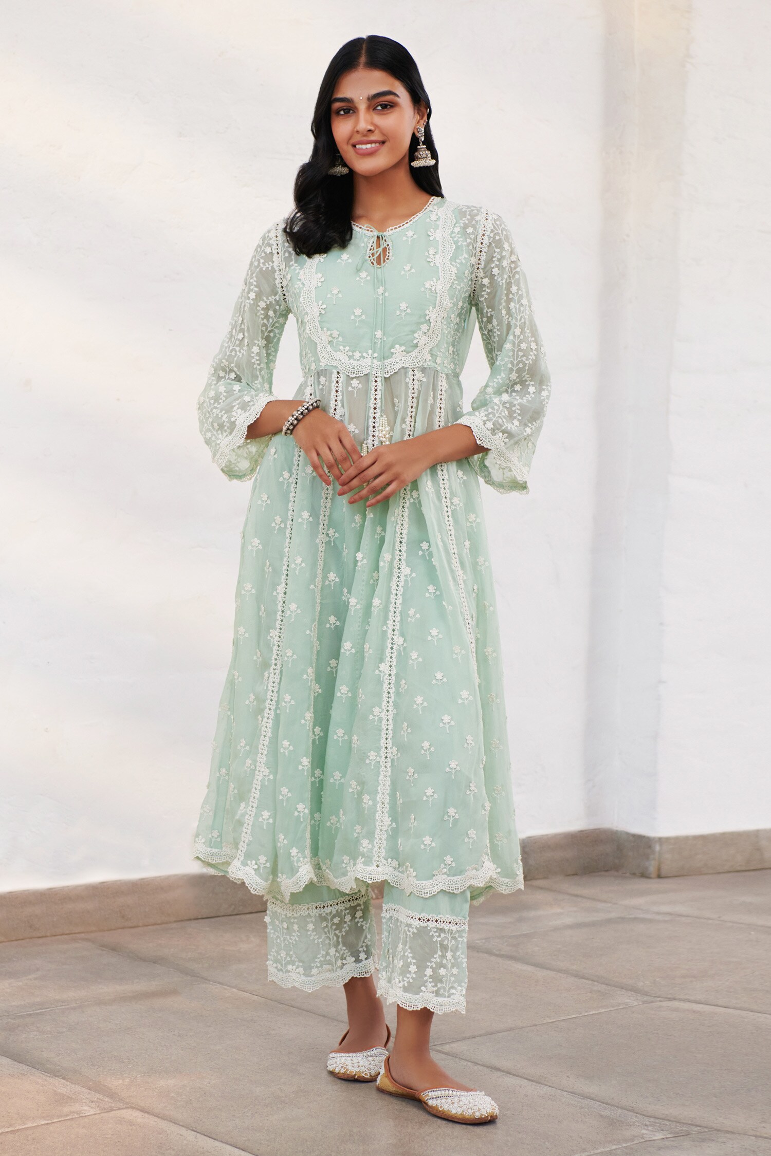 Buy Mulmul Green Pure Mulmul Sussex Floral Jaal Embroidered Anarkali