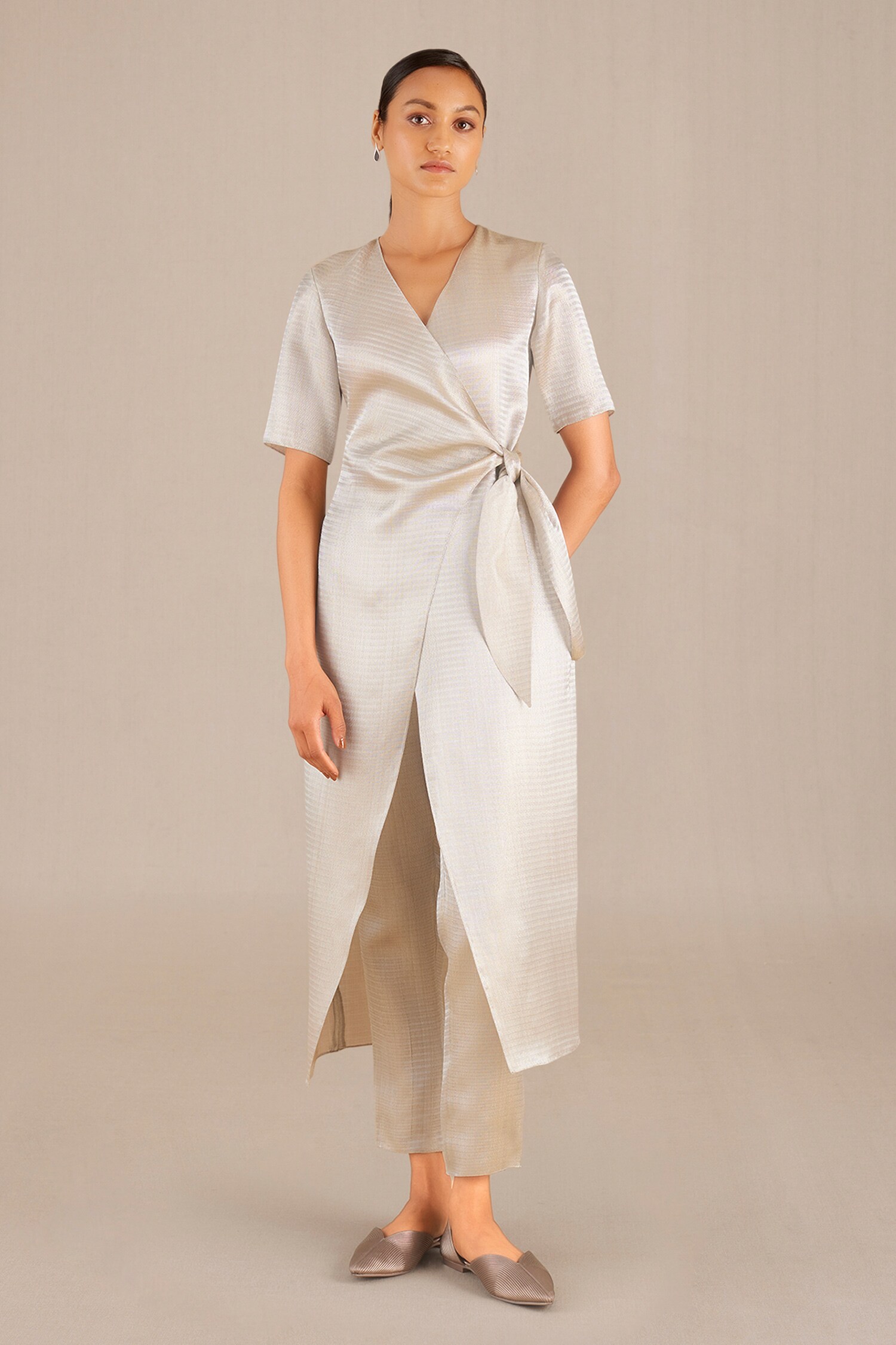 Buy AMPM Silver Tissue Drill Sanaz Metallic Wrap Kurta And Pant Set