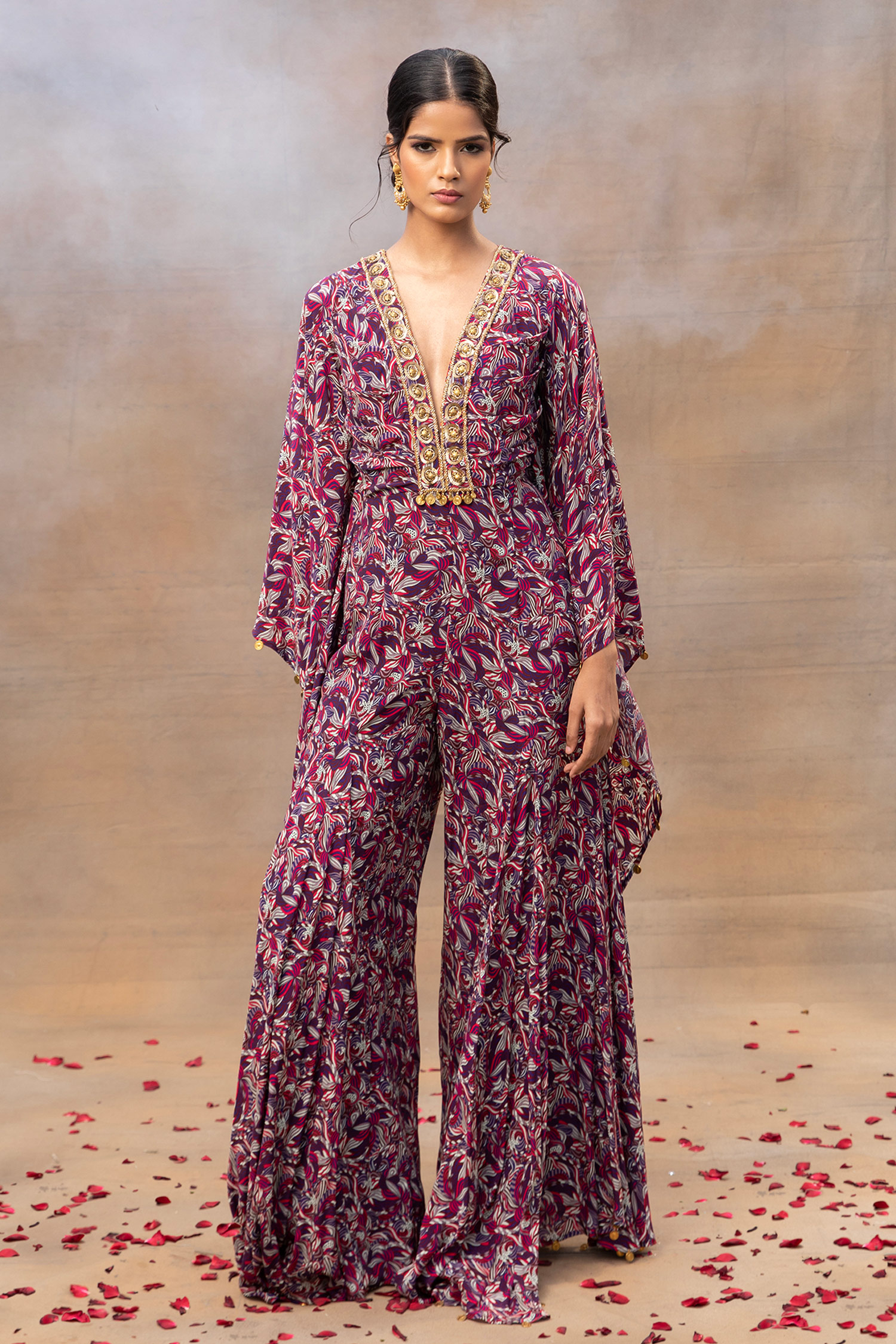 Buy Purple Crepe Printed And Embroidered Floral Batwing Sleeve Jumpsuit ...