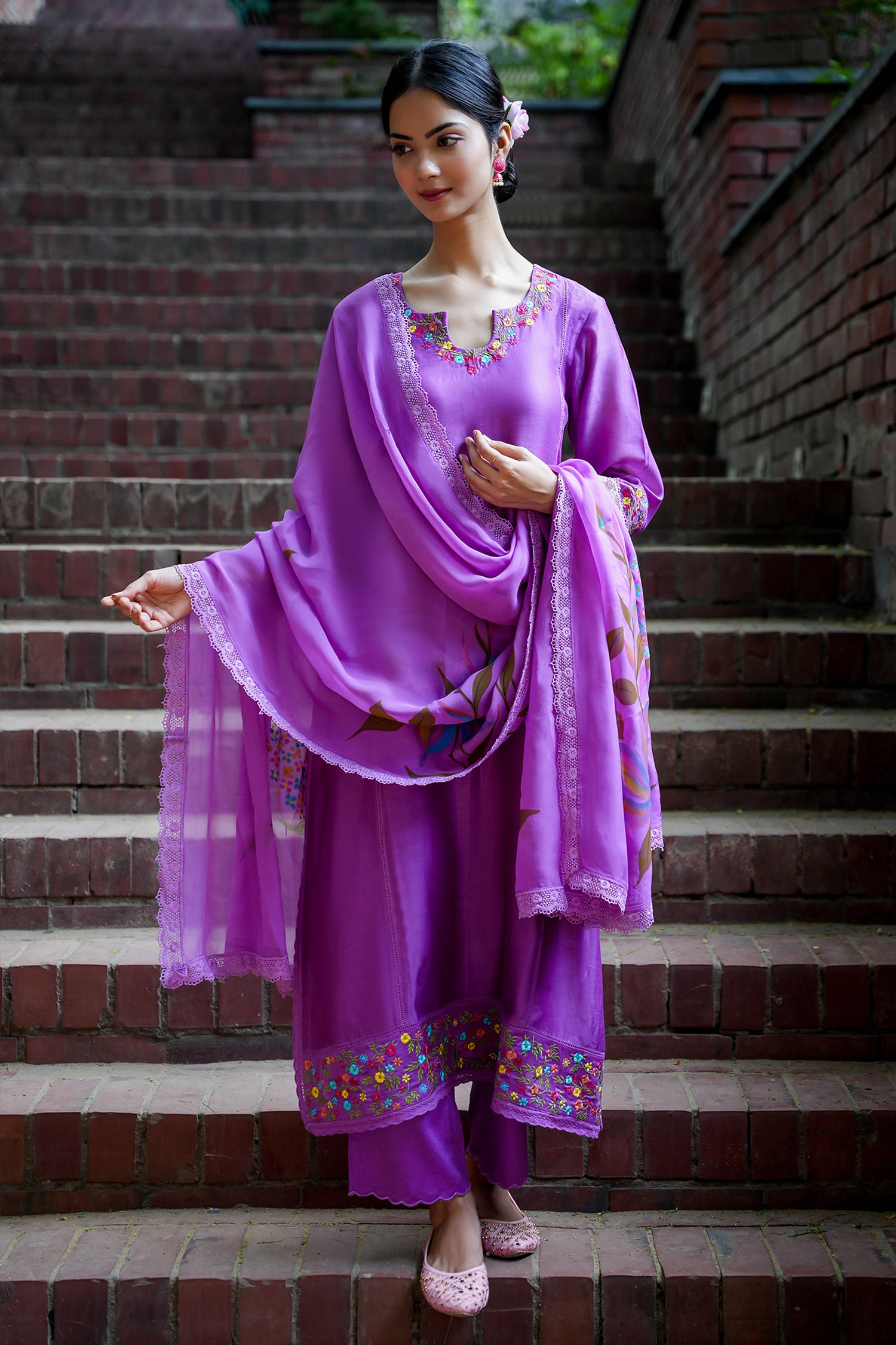 Buy Purple Kurta Chanderi Silk Embroidered Floral Notched Pant Set